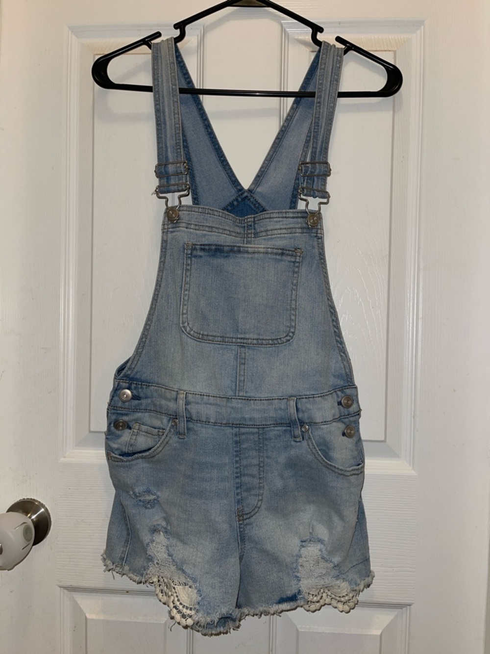 Denim Short Overalls with lace Detail